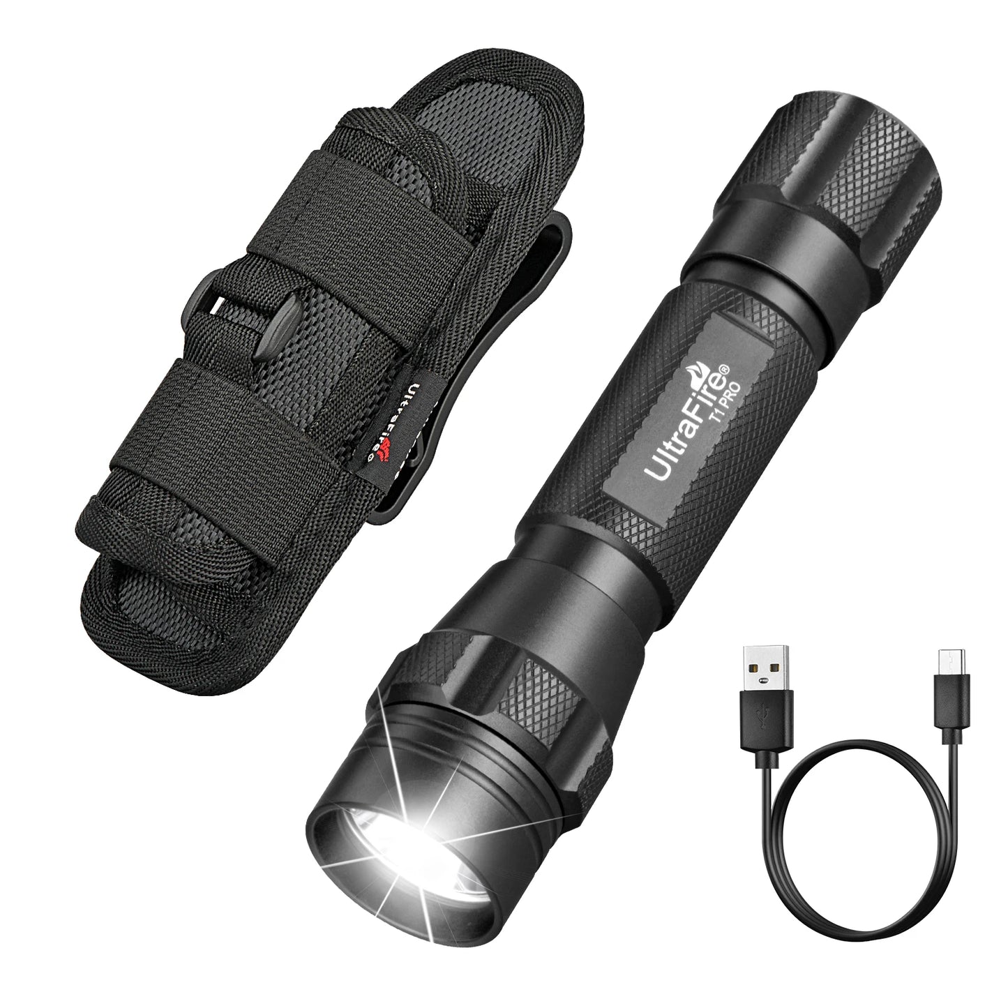 Tactical LED Flashlight – 1200LM Rechargeable Torch with USB Charging & Belt Holster