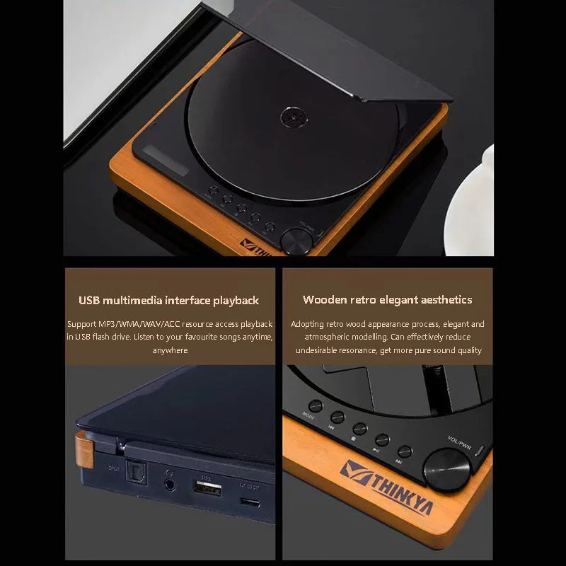 HiFi Wooden CD Player with Bluetooth 5.1 – USB Lossless Playback, Digital Optical Output, Infrared Remote Control
