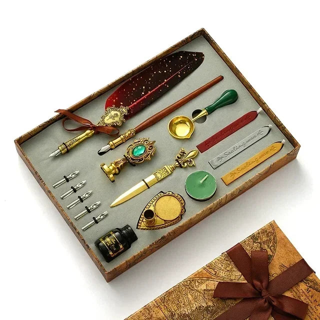 Antique Feather Dip Pen Kit Retro Wooden Dip Pen Set Classic Wax Seal Stamp Kit for Calligraphy Art Words Gifts