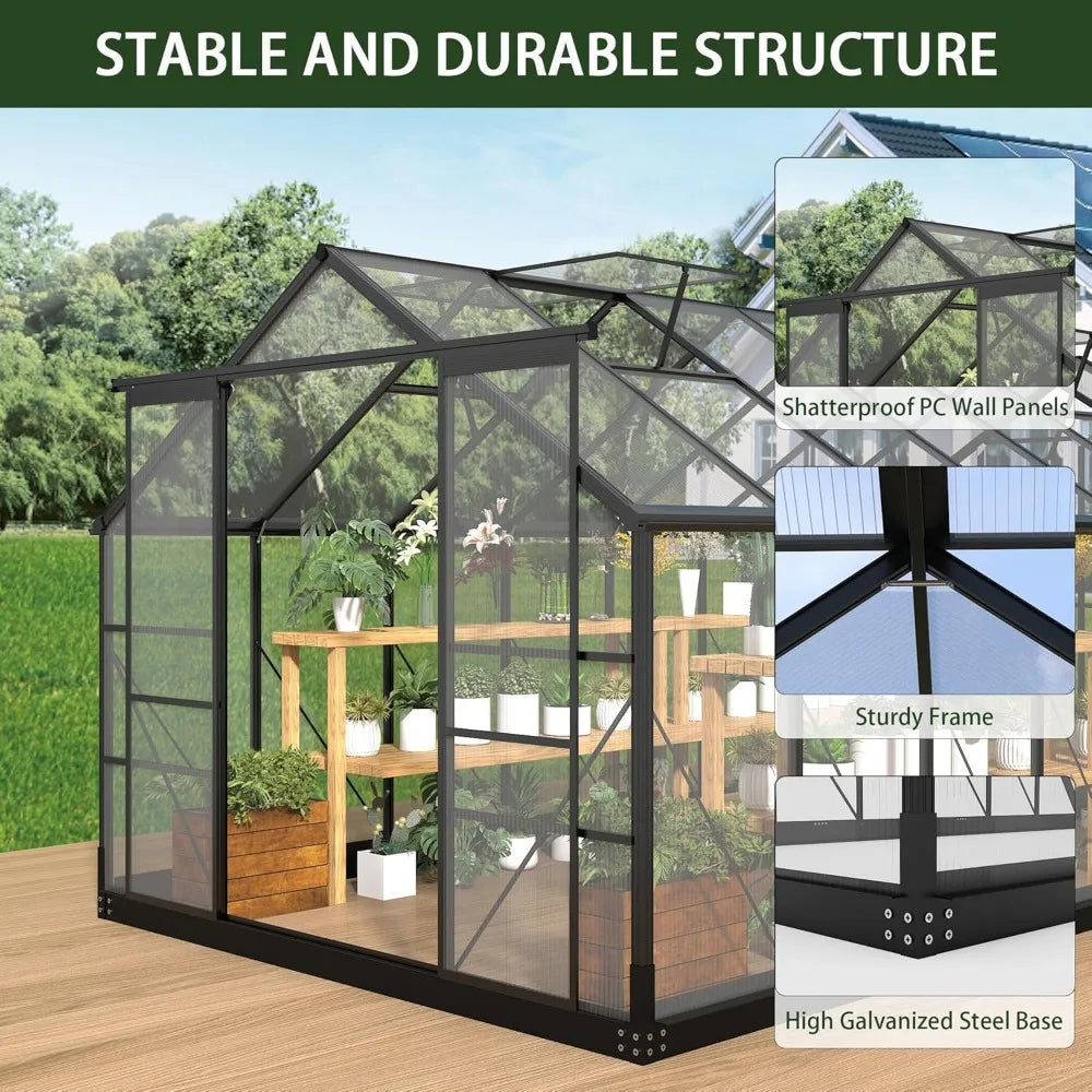 8x16 FT Polycarbonate Walk-In Greenhouse with Adjustable Roof Vents – Aluminum Frame, Weather-Resistant Outdoor Garden Shelter