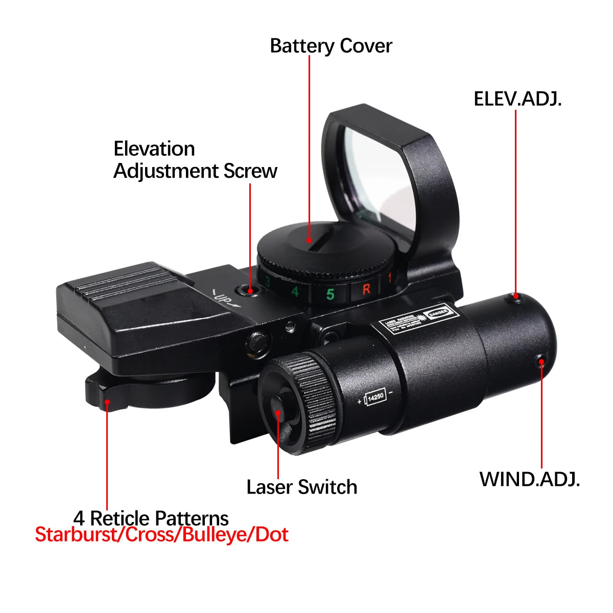 HD101B Tactical Red Dot Sight with Laser – 4 Reticle Holographic Scope for Hunting & Airsoft