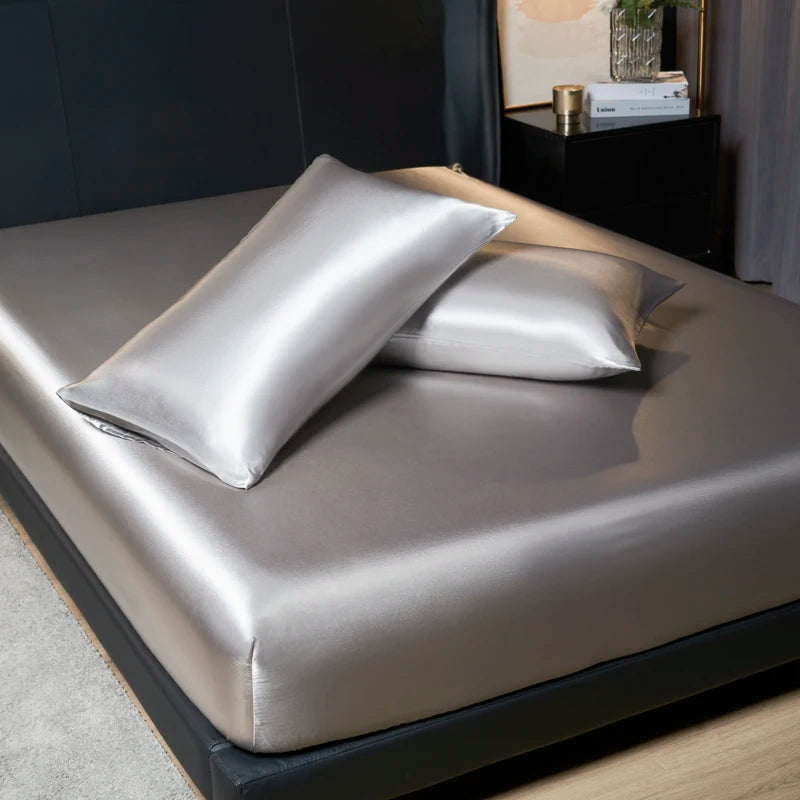 3-Piece Satin Fitted Sheet Set – Luxury Solid Color Bed Cover with Pillowcases & 4-Corner Elastic Fit