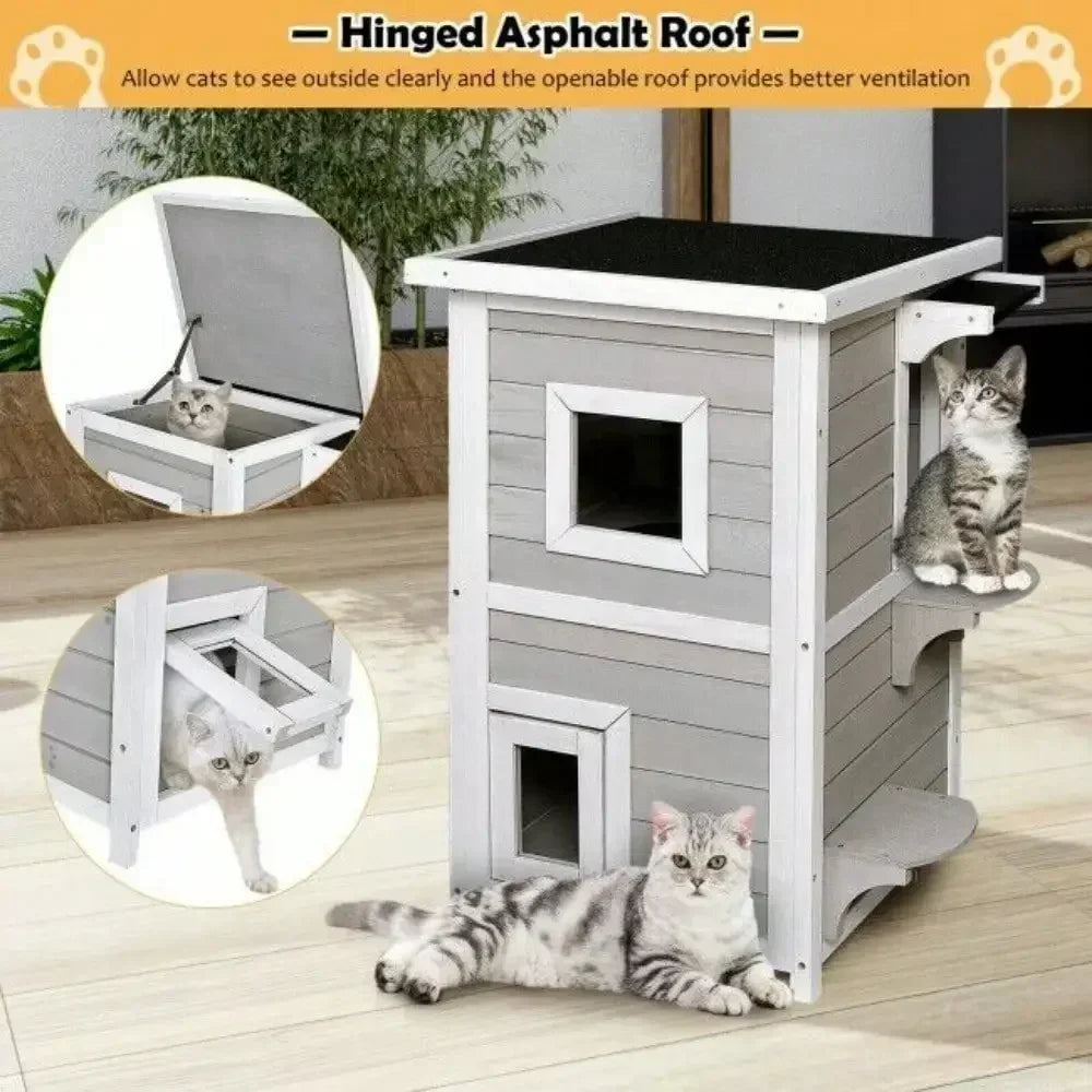 2-Story Wooden Outdoor Cat House – Rainproof Kitty Shelter with Escape Door, Weather-Resistant Pet Hideout