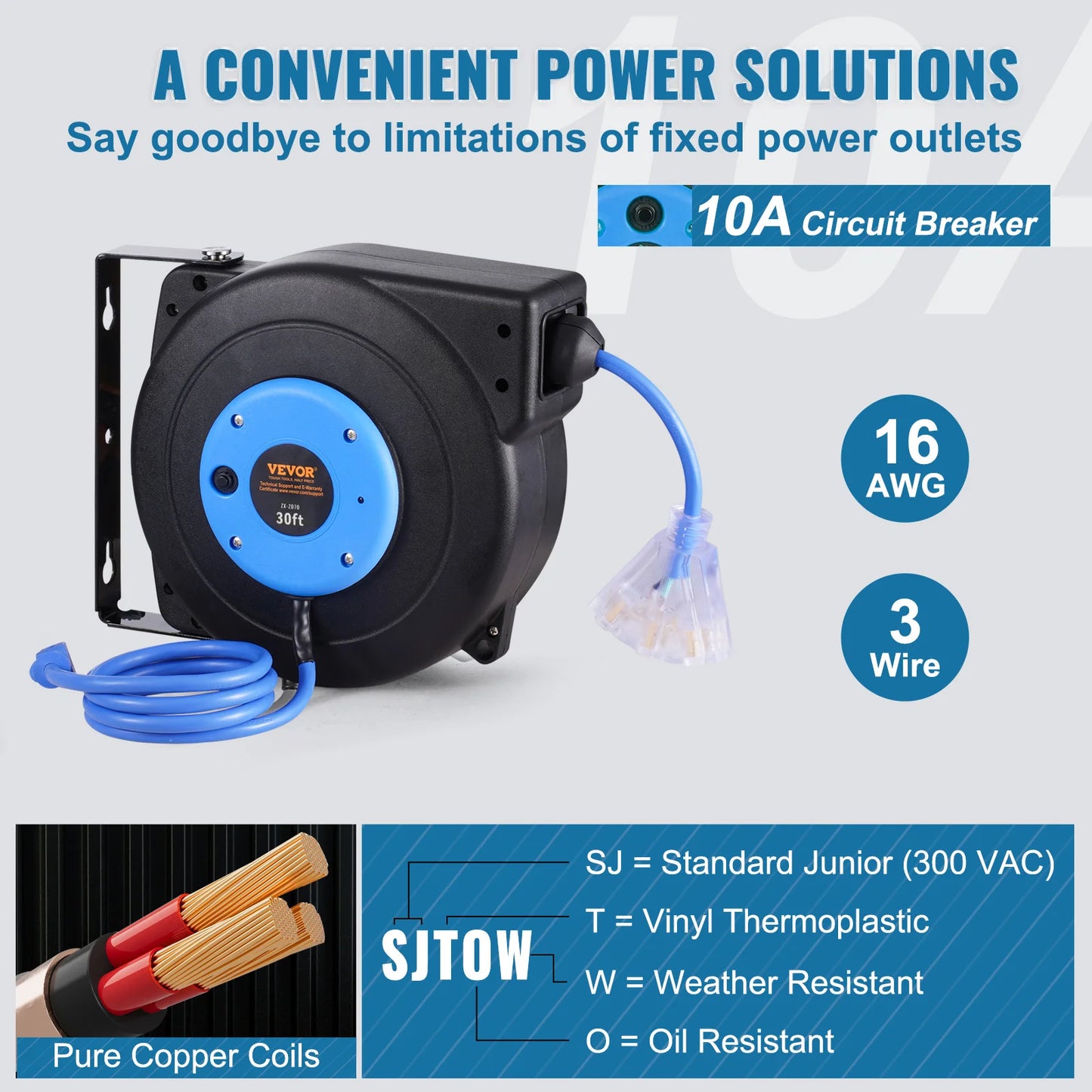🔌 SucceBuy 30FT Retractable Extension Cord Reel
With Lighted Triple Tap Outlet | 10 Amp Circuit Breaker | 4.5FT Lead-In Cord