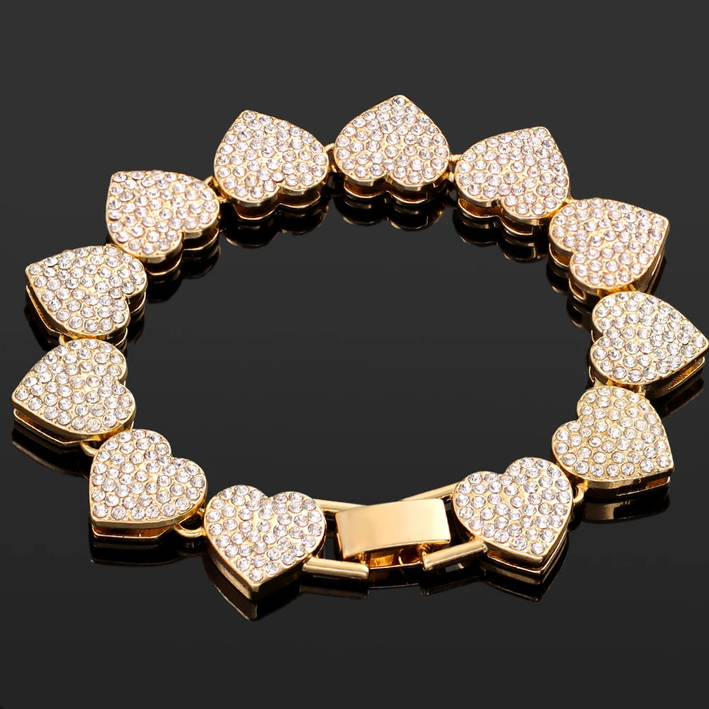 4-Piece Iced Out Pink Cuban Bracelet Set – Gold & Silver-Tone Crystal Heart, Circle & Square Hip Hop Jewelry for Women