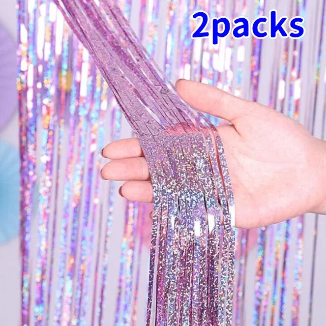 2-Pack Metallic Tinsel Fringe Curtains – 2x1M Glitter Party Backdrops for Birthday, Wedding, Bachelorette & Event Decor