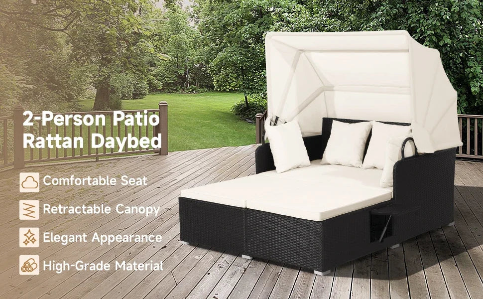 Relax in Style: Hand-Woven Outdoor Daybed with Canopy & Built-In Side Tables