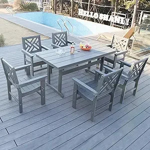 7-Piece Outdoor Dining Set – All-Weather HDPE Patio Table & Chairs with Wood Grain Finish and Umbrella Hole