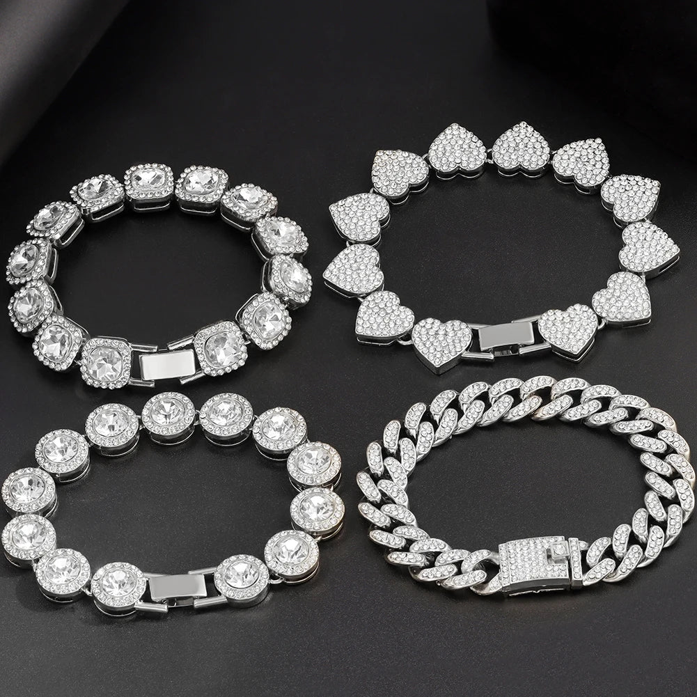 4-Piece Iced Out Pink Cuban Bracelet Set – Gold & Silver-Tone Crystal Heart, Circle & Square Hip Hop Jewelry for Women