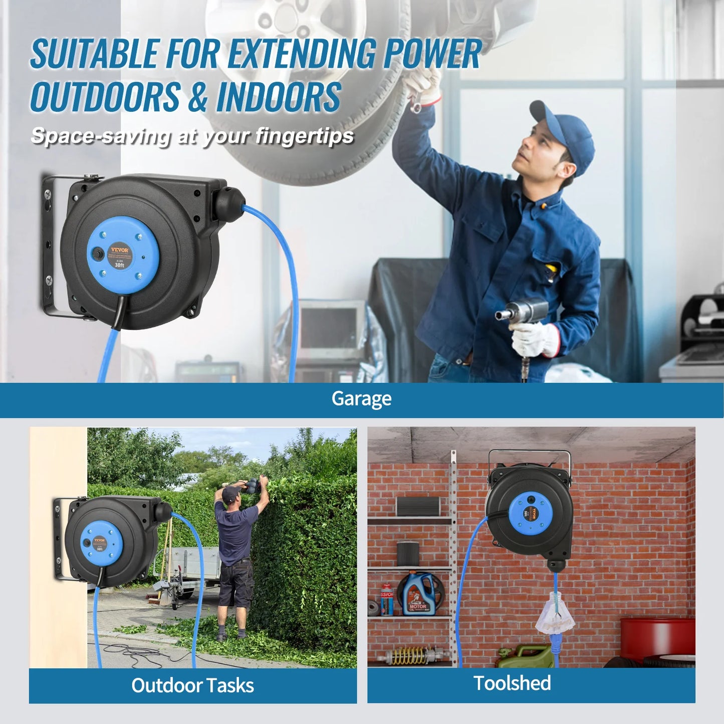 🔌 SucceBuy 30FT Retractable Extension Cord Reel
With Lighted Triple Tap Outlet | 10 Amp Circuit Breaker | 4.5FT Lead-In Cord