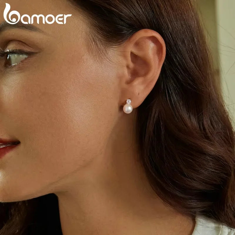 Elegant Moissanite & Freshwater Pearl Stud Earrings in 925 Sterling Silver