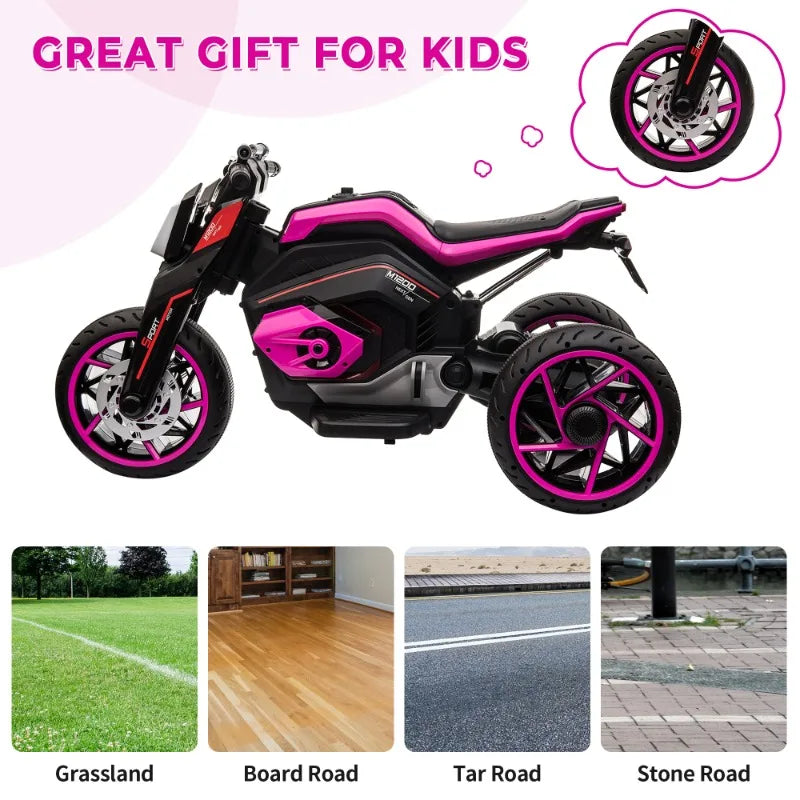12V Three-Wheel Ride-On Motorcycle for Kids (Rosy Pink) Electric Motorbike with Horns, LED Lights – Perfect Gift for Ages 3–8