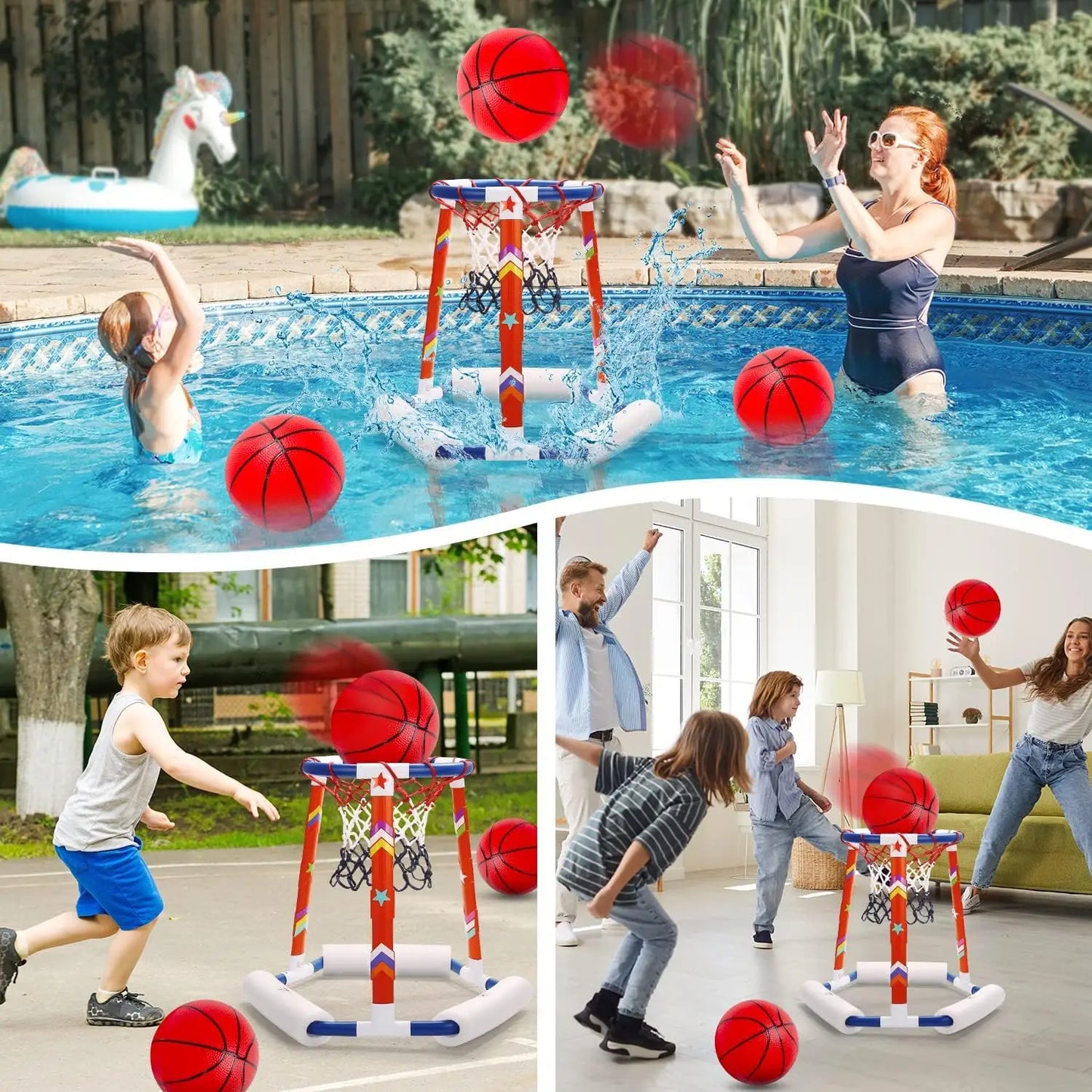 Floating Pool Basketball Hoop Set – Inflatable Water Game with 3 Balls, Pump & Stickers – Summer Fun for All Ages