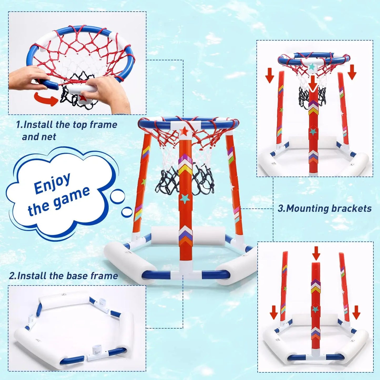 Floating Pool Basketball Hoop Set – Inflatable Water Game with 3 Balls, Pump & Stickers – Summer Fun for All Ages