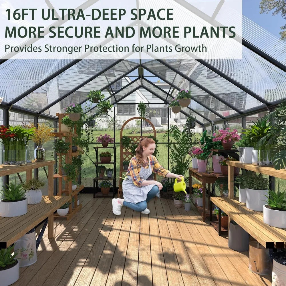 8x16 FT Polycarbonate Walk-In Greenhouse with Adjustable Roof Vents – Aluminum Frame, Weather-Resistant Outdoor Garden Shelter