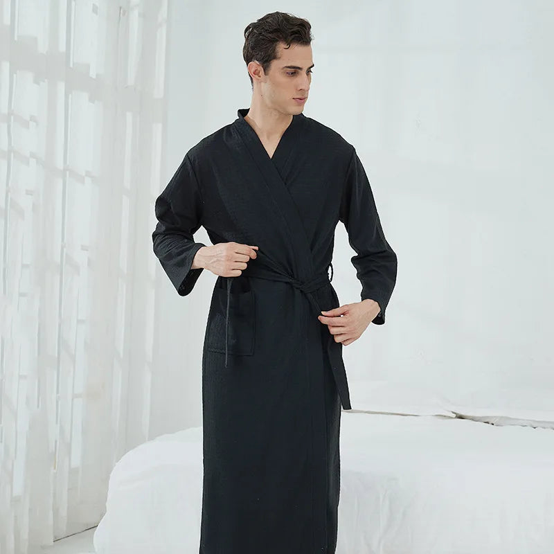 Unisex Waffle Bathrobe – Long, High-Quality Robe for Men & Women, Solid Black Plaid, Comfortable Loungewear or Nightwear