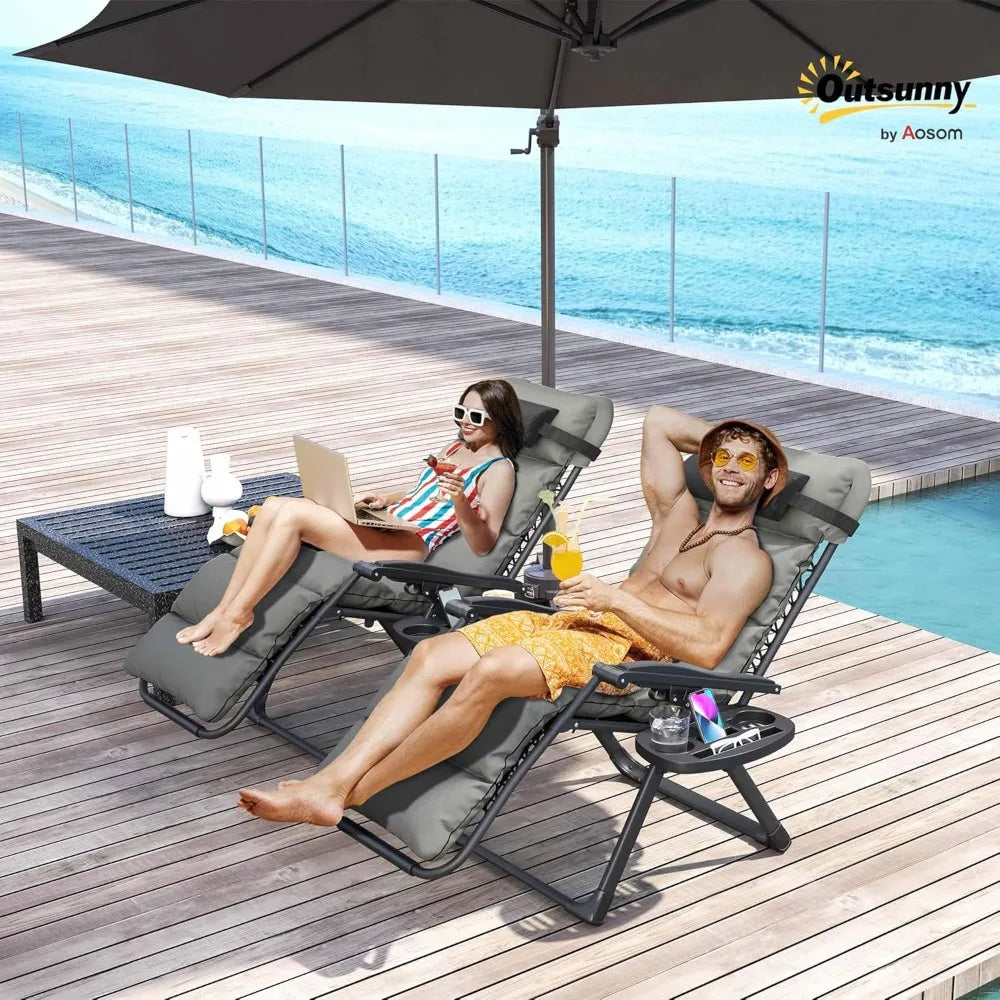 Set of 2 Reclining Zero Gravity Lounge Chairs – Folding Outdoor Relaxation with Removable Cushions