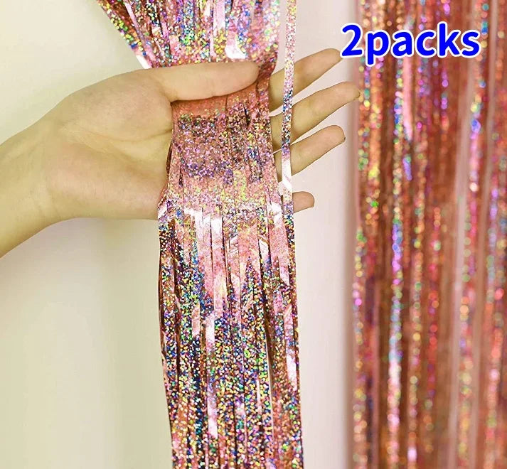 2-Pack Metallic Tinsel Fringe Curtains – 2x1M Glitter Party Backdrops for Birthday, Wedding, Bachelorette & Event Decor
