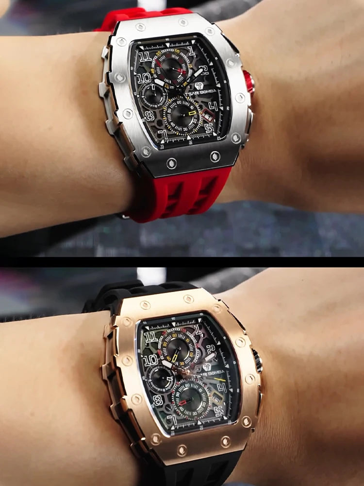 TSAR BOMBA Men’s Luxury Watch – Tonneau Design Waterproof Stainless Steel Wristwatch