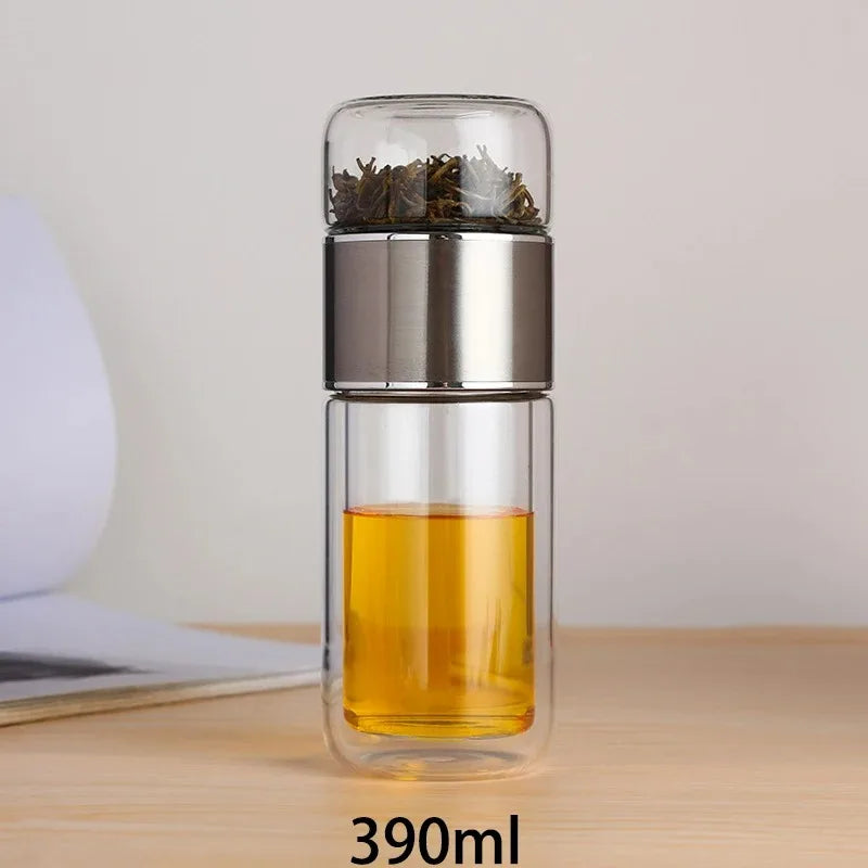 420ML Tea Infuser Water Bottle – Double Layer High Borosilicate Glass Tumbler with Stainless Steel Filter for Loose Leaf Tea & Fruit Infusions