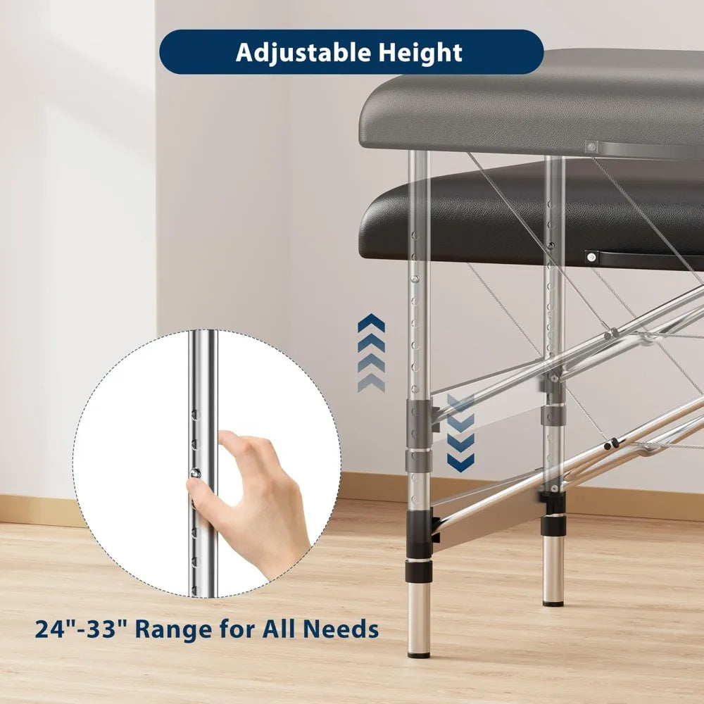 2-Fold Portable Massage Table with Adjustable Height – Lightweight Aluminum Frame & Side Pocket for Spa, Facial, Lash Bed Use