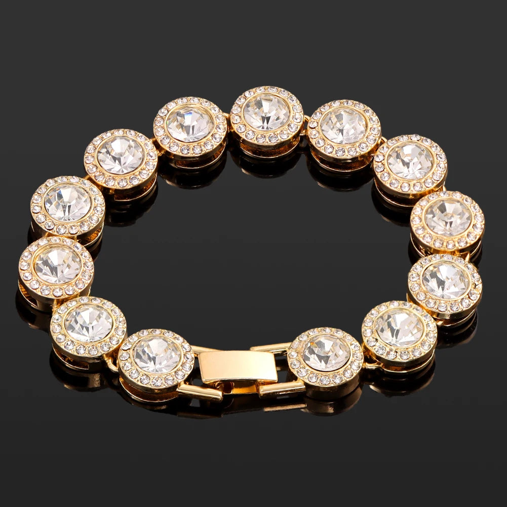 4-Piece Iced Out Pink Cuban Bracelet Set – Gold & Silver-Tone Crystal Heart, Circle & Square Hip Hop Jewelry for Women