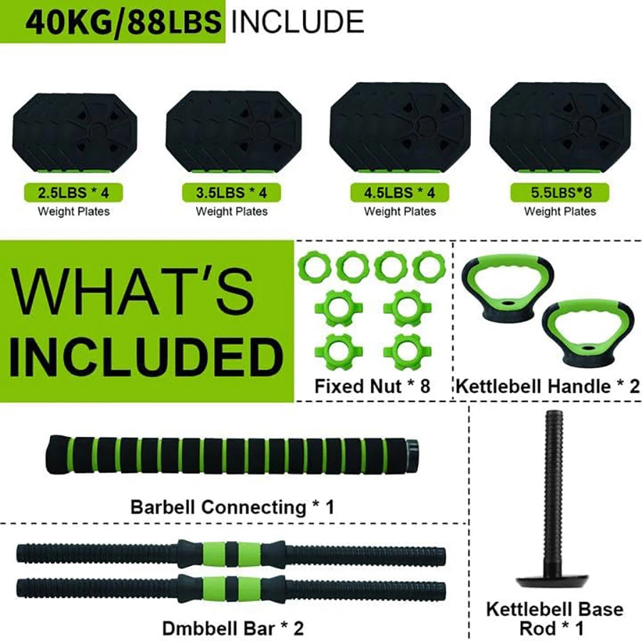 4-in-1 Adjustable Weight Set – 66/88lbs Kettlebell, Dumbbell, Barbell & Push-Up Stand for Home & Gym Training