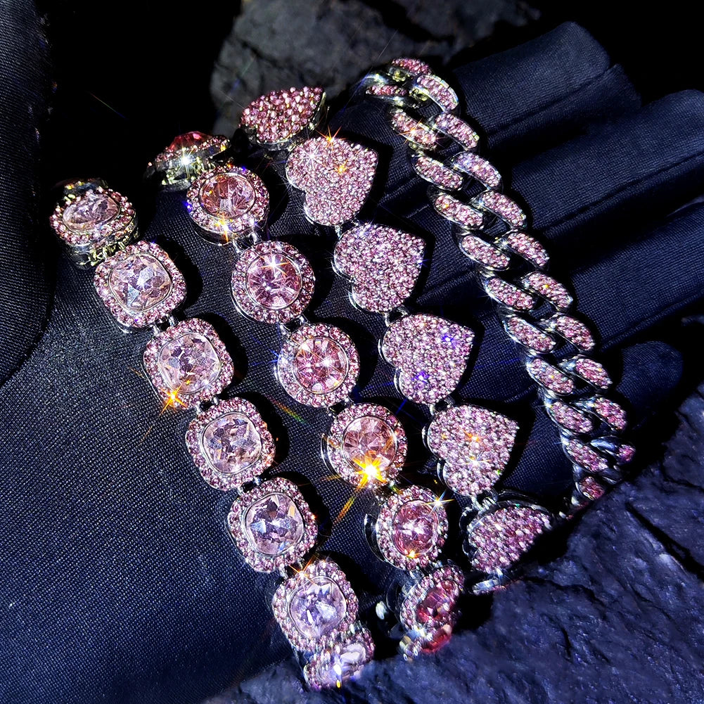 4-Piece Iced Out Pink Cuban Bracelet Set – Gold & Silver-Tone Crystal Heart, Circle & Square Hip Hop Jewelry for Women