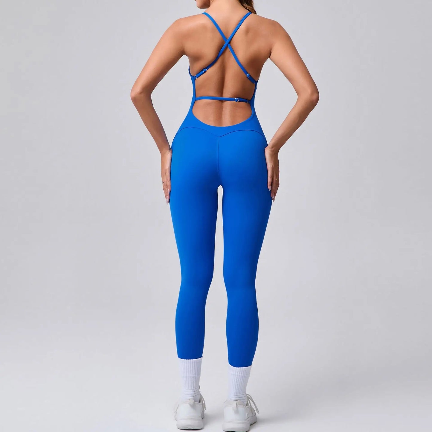 One-Piece Cross-Back Bodycon Yoga Jumpsuit – Women’s Fitness Legging Gym Outfit for Activewear & Workouts