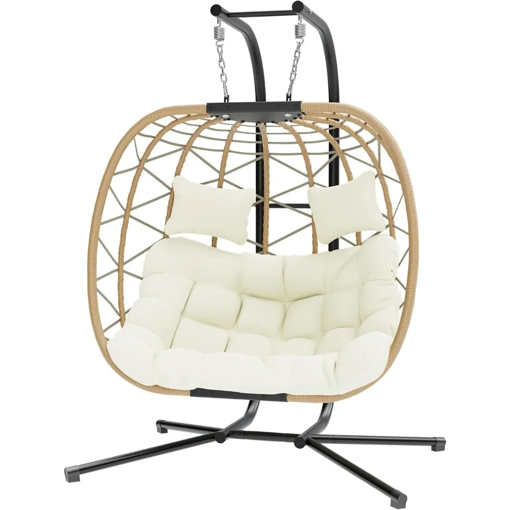 Oversized Double Swing Egg Chair with Stand – 2-Person Hanging Wicker Patio Chair with Cushion, 550 lbs Capacity