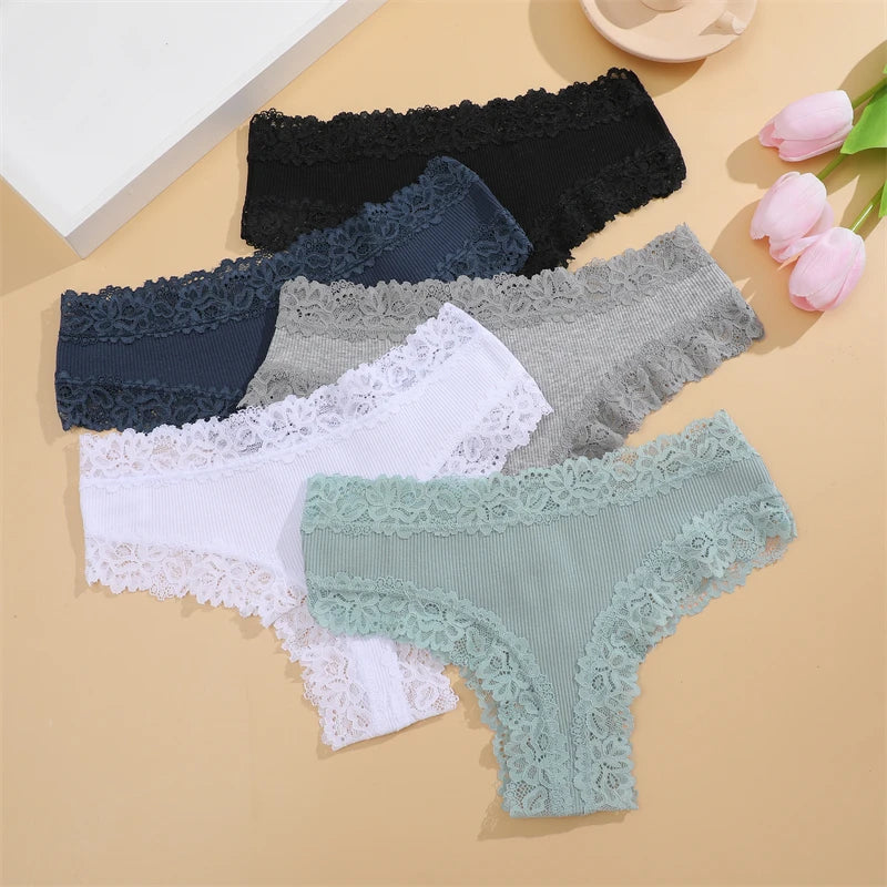 5Pcs Women’s Cotton Lace Panties Set – Soft Floral Patchwork Briefs Underwear Lingerie (S-XL)