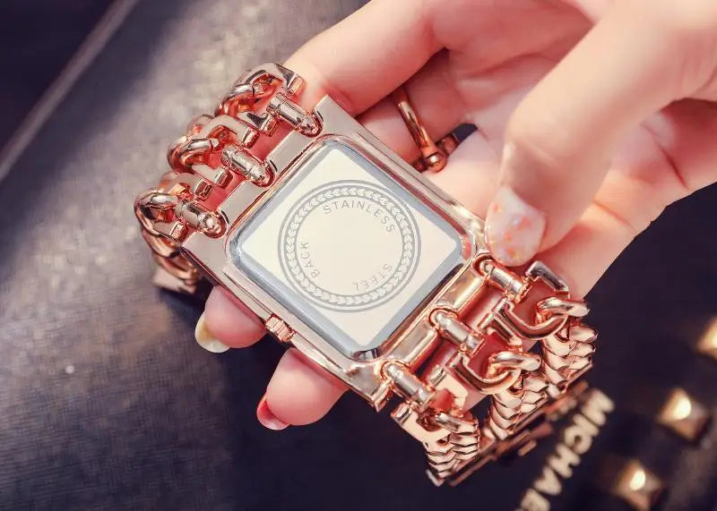 G&D Women's Fashion Bracelet Watch – Golden Quartz Wristwatch with Rhinestone Chains & Large Dial