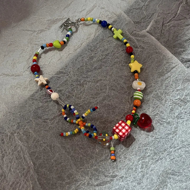 Boho Y2K Star & Heart Tassel Choker – Colorful Kpop-Inspired Pendant Necklace for Women