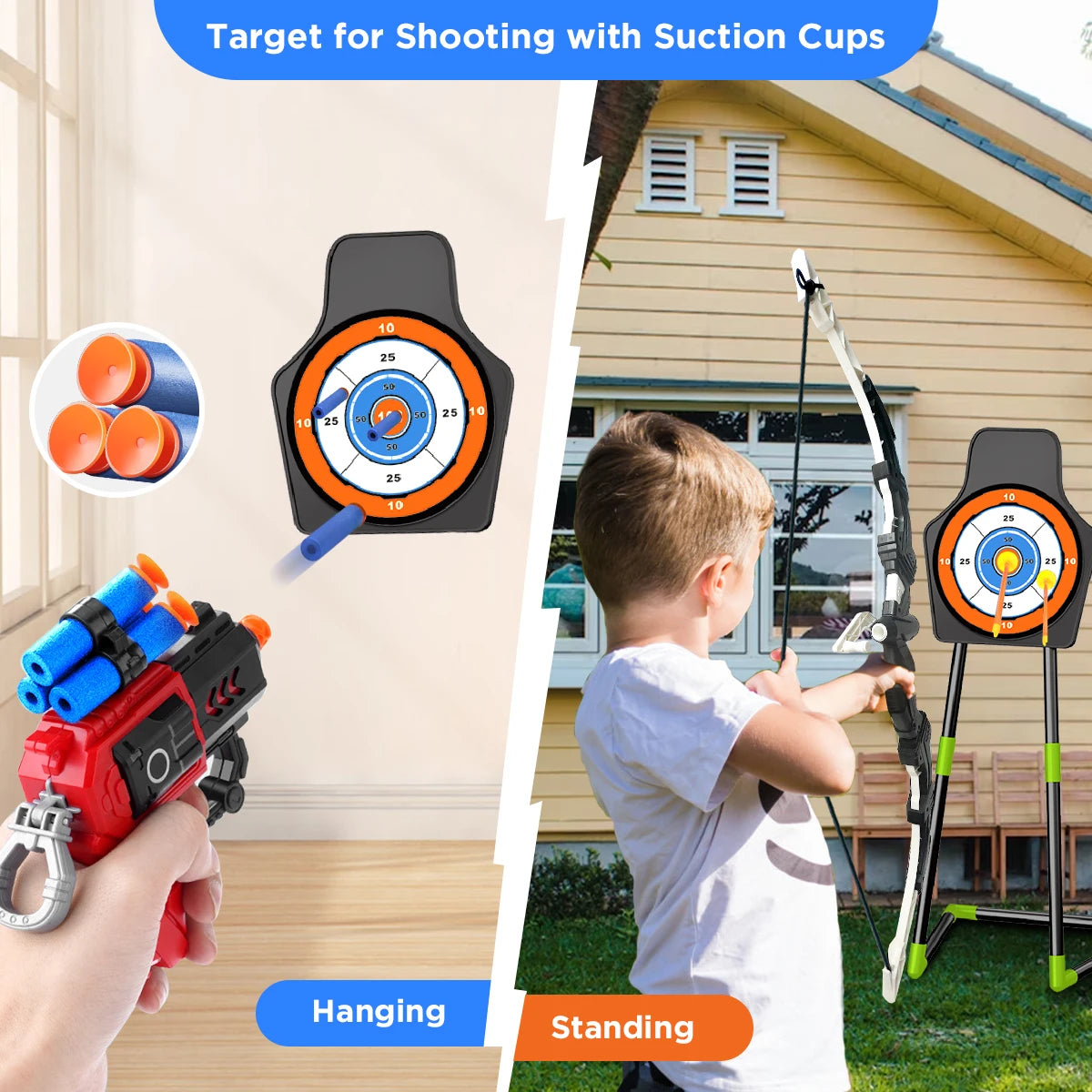 2-in-1 Bow & Arrow + Toy Gun Set for Kids – LED Light-Up Archery with Suction Arrows, Target Stand & Dart Board Game