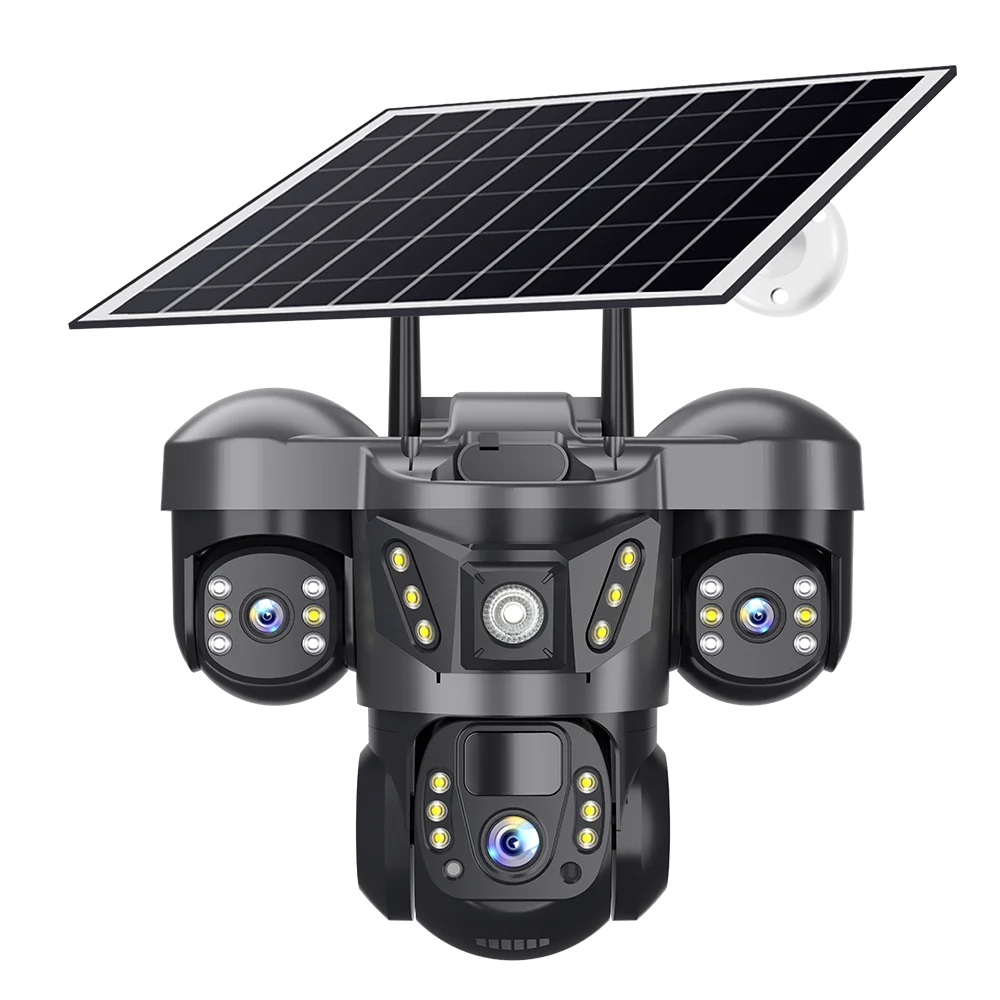 V380 Solar-Powered Surveillance Camera – True-View Three-Screen Multi-Lens Security with No Electricity or WiFi Required