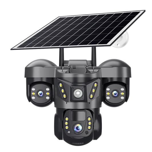 V380 Solar-Powered Surveillance Camera – True-View Three-Screen Multi-Lens Security with No Electricity or WiFi Required
