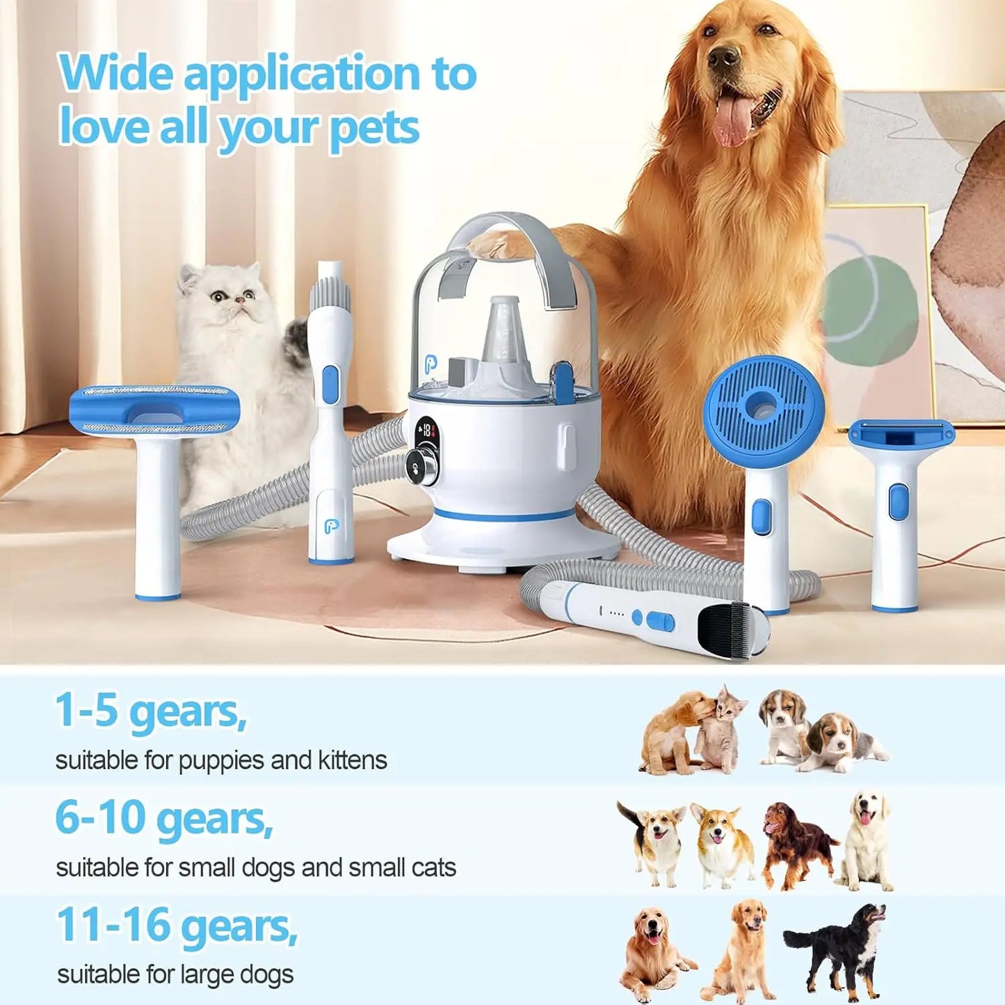 5-in-1 Pet Grooming Vacuum Kit – Low Noise Hair Remover with 2.0L Dust Cup for Shedding Dogs & Cats