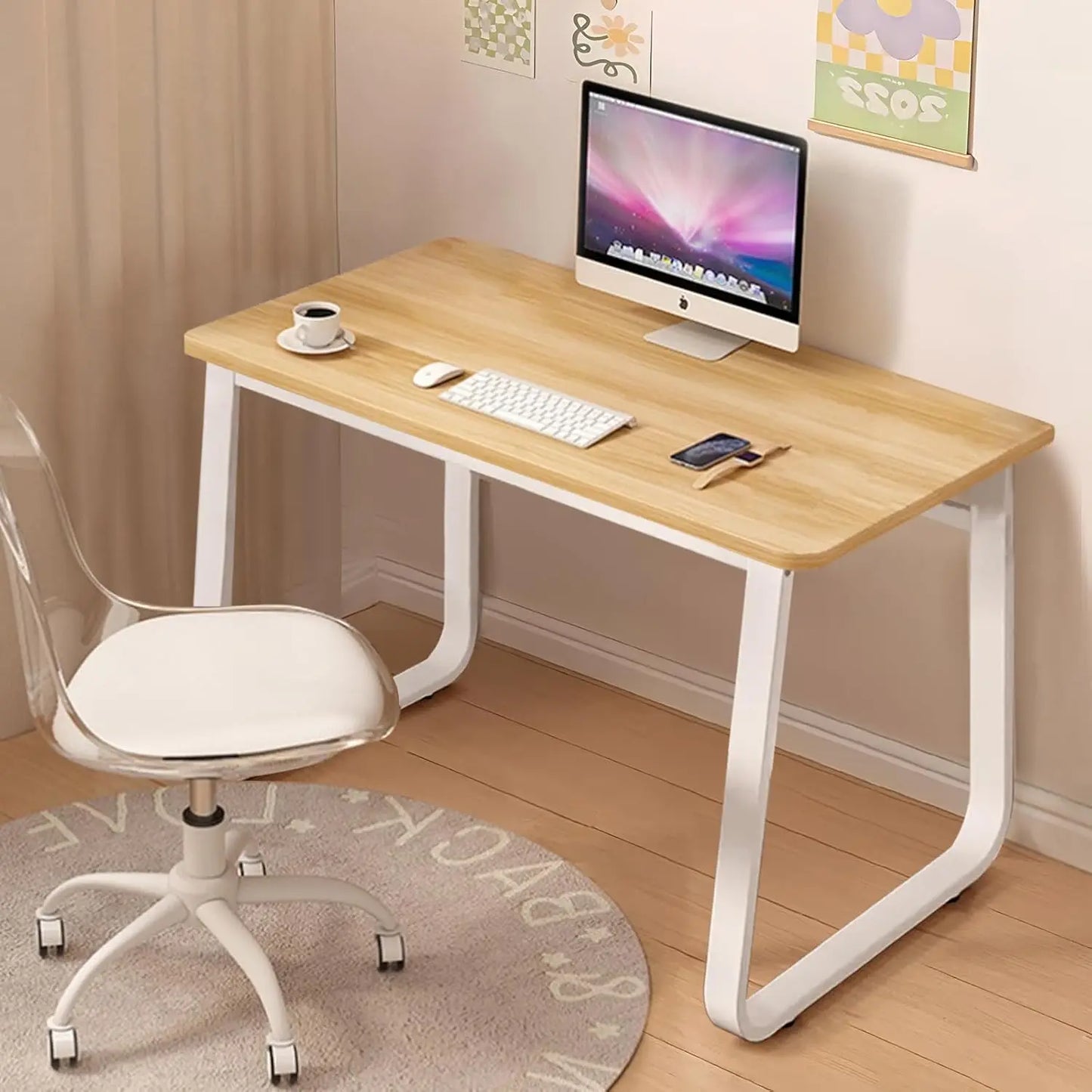 Modern 39.3" White Computer Desk – Minimalist Home Office Writing Table for Bedroom or Study Corner