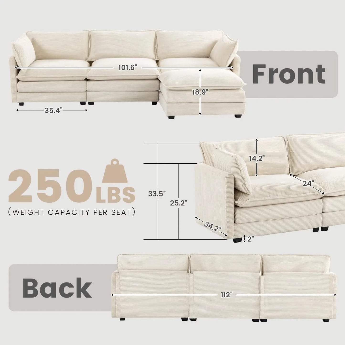Oversized Modular Corduroy Sectional Sofa – 112" 4-Seat Convertible L-Shaped Couch with Movable Ottoman