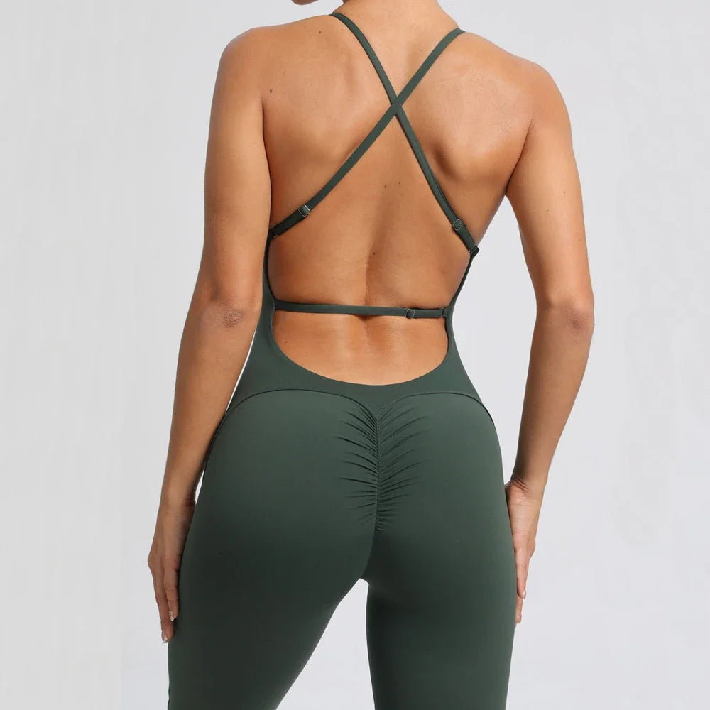 One-Piece Cross-Back Bodycon Yoga Jumpsuit – Women’s Fitness Legging Gym Outfit for Activewear & Workouts