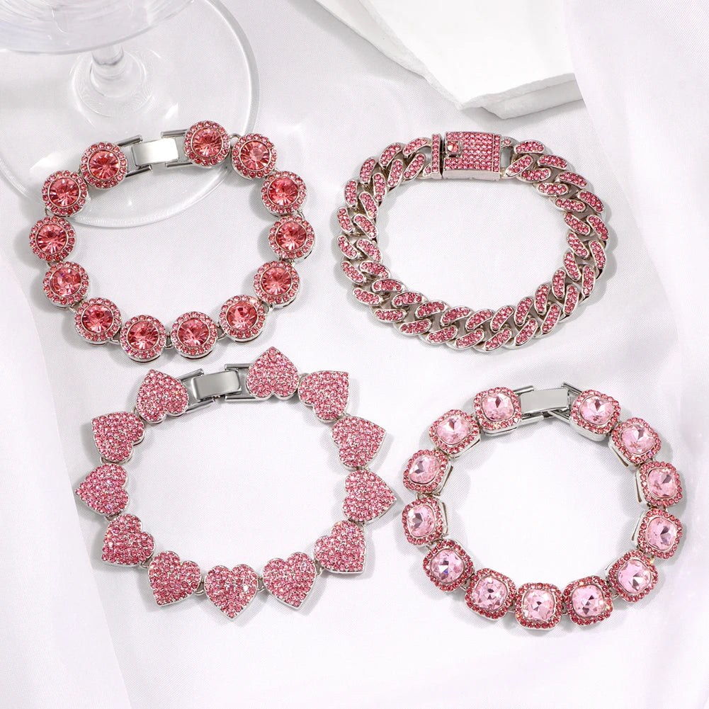 4-Piece Iced Out Pink Cuban Bracelet Set – Gold & Silver-Tone Crystal Heart, Circle & Square Hip Hop Jewelry for Women