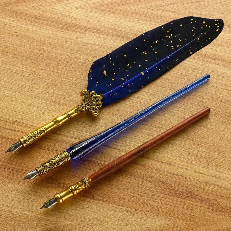 Antique Feather Dip Pen Kit Retro Wooden Dip Pen Set Classic Wax Seal Stamp Kit for Calligraphy Art Words Gifts