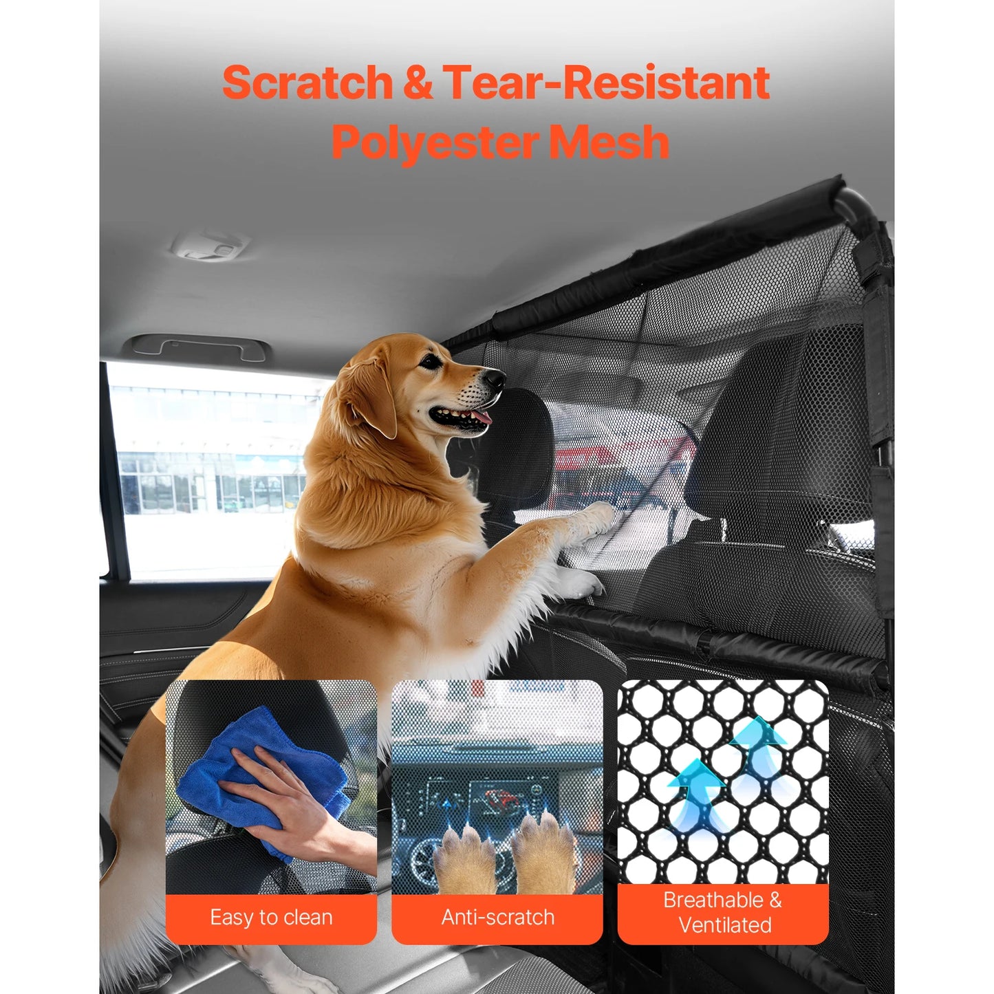 VEVOR Dog Car Barrier, Car Divider for Front Seats Vehicle, Pet Barrier with See Through Net Mesh, Universal-Fit Dog Car Barrier