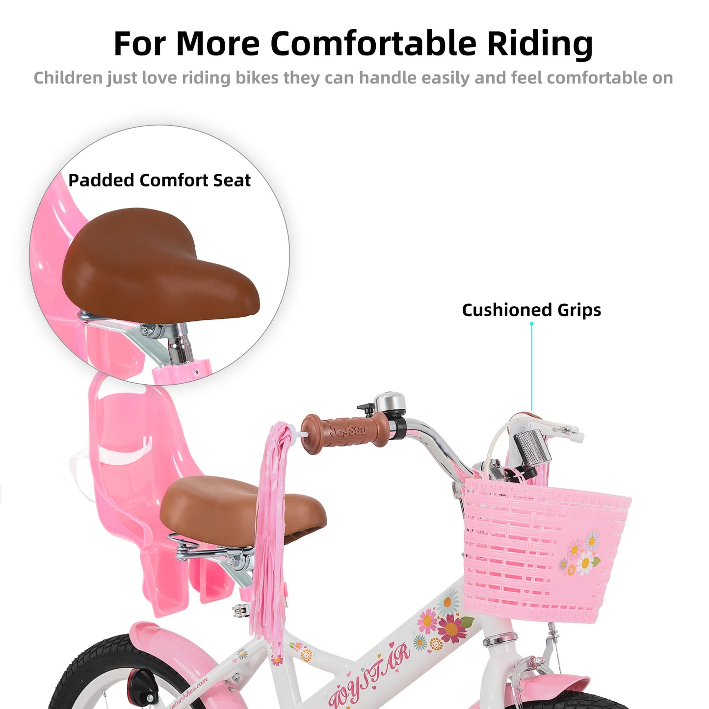 Kids Bike with Training Wheels – 12", 14", 16" Sizes for Ages 2–7, Fun Design with Doll Seat, Streamers or Flag & Name Plate