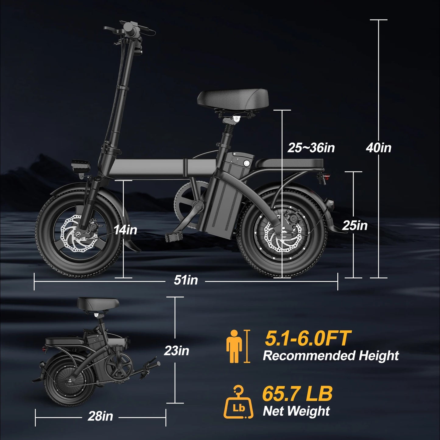 Folding Electric Bike for Adults – 500W Peak Motor, 14" Tires, 48V Battery (10Ah/15Ah/20Ah Options)