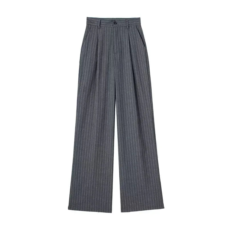 High-Waist Striped Wide-Leg Trousers – Women's Formal Office Wear, Casual Suit Pants in Grey & Black
