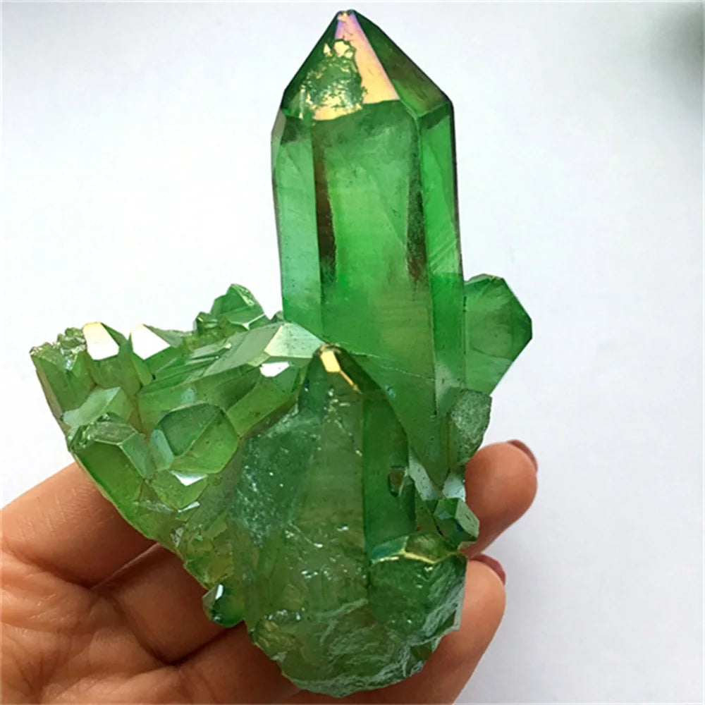Aura Green Titanium Quartz Crystal Cluster – Natural Healing Gemstone Specimen for Energy & Decor