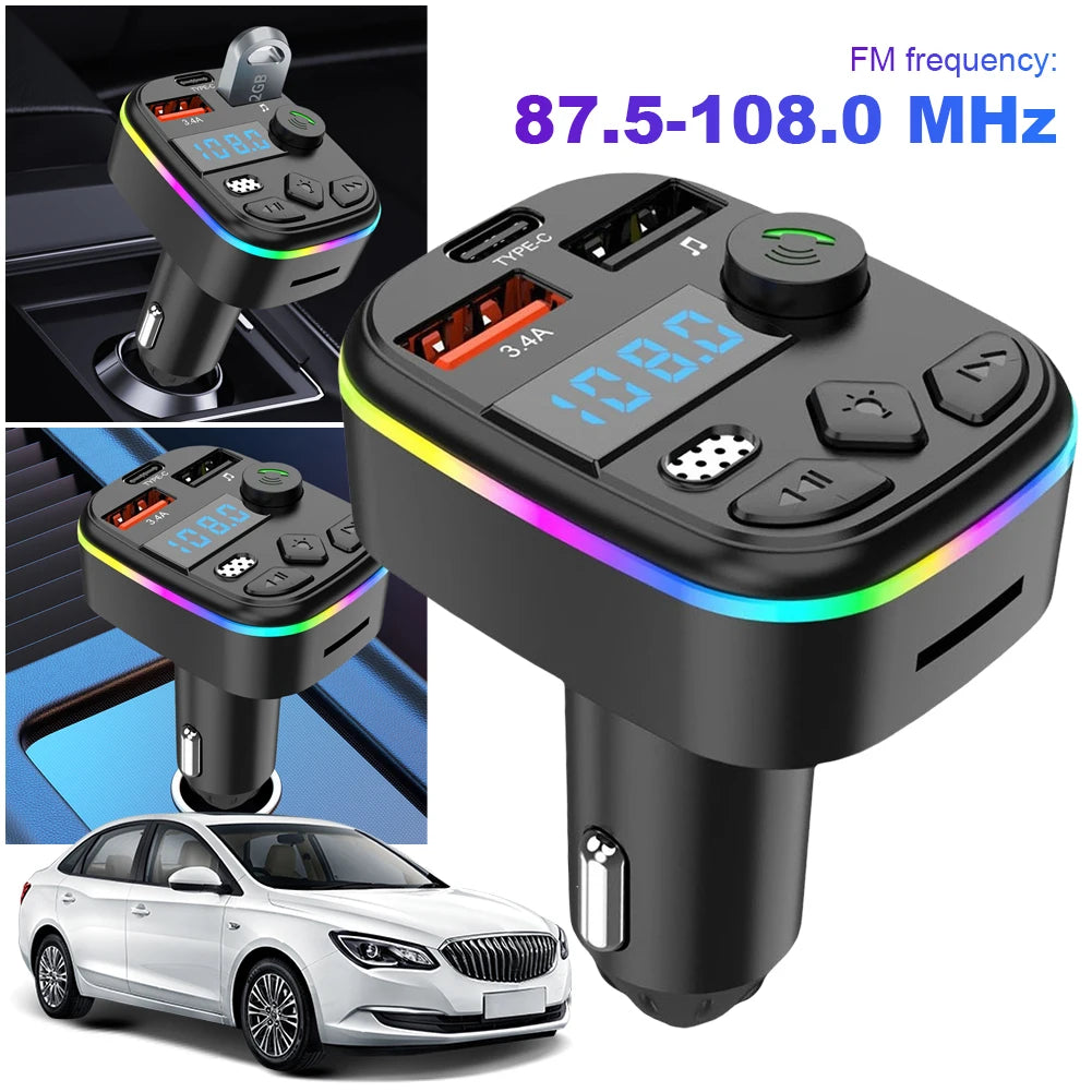 Bluetooth 5.3 FM Transmitter Car Charger – Hands-Free Calls, Dual USB + Type-C, MP3 & TF Card Support