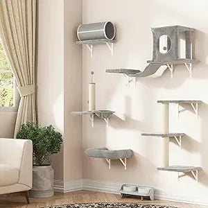 7-in-1 Wall-Mounted Cat Climber Furniture Set – Includes Cat House, Tunnel, Bridge, Hammock, Steps, Scratcher & Shelves