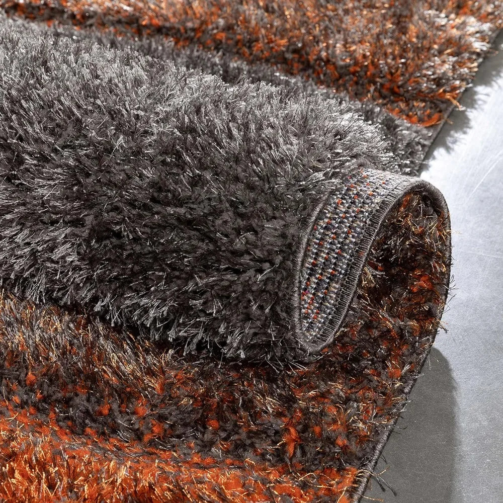 3D Textured Shag Area Rug – Thick Plush Geometric Hourglass Waves in Orange & Grey, Soft Modern Carpet